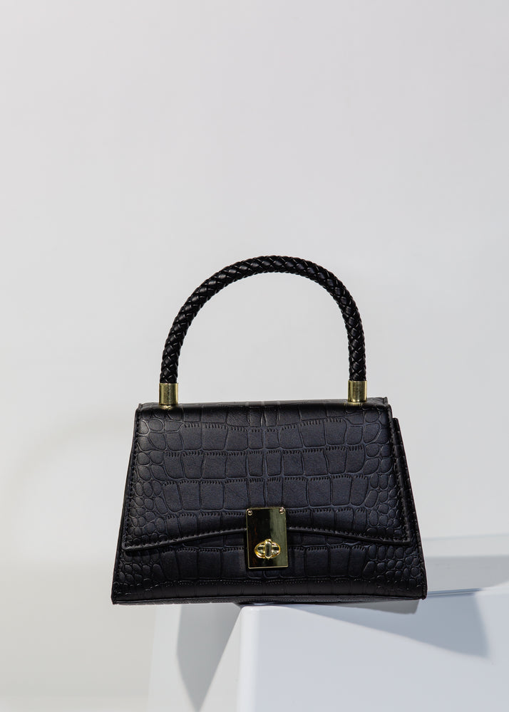 
            
                Load image into Gallery viewer, Dahlia Handbag With Woven Handle In Black
            
        
