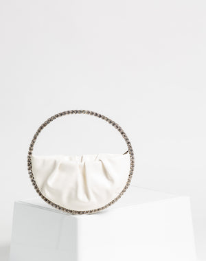 Crystal Half Moon Clutch with Pleats In White