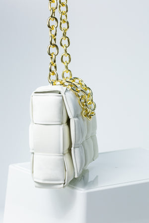 Aria Faux Suede Shoulder Bag With Gold Chain In White