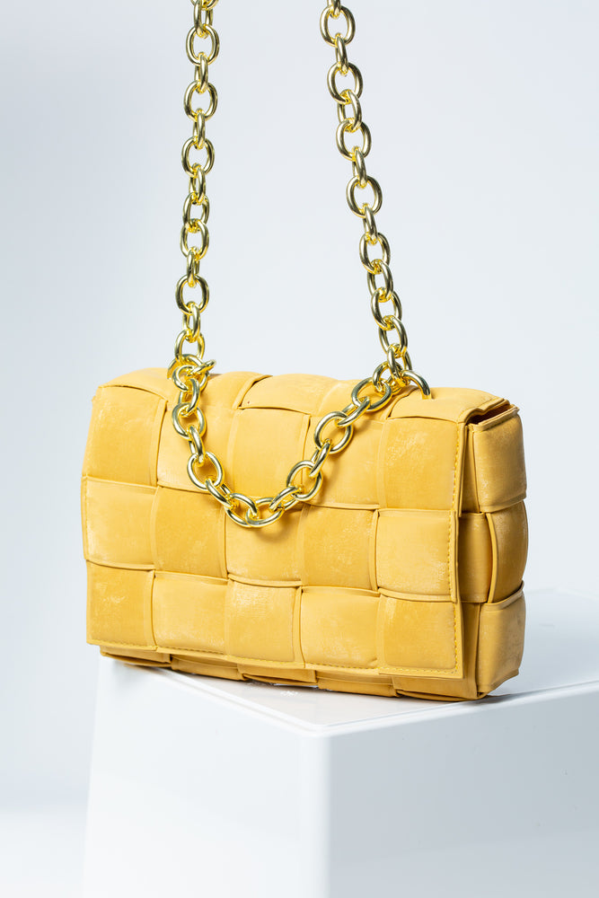 Aria Faux Suede Shoulder Bag With Gold Chain In Yellow