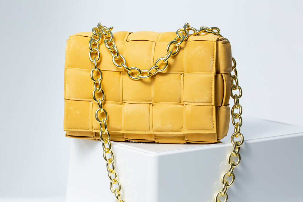 Aria Faux Suede Shoulder Bag With Gold Chain In Yellow