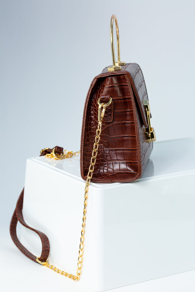 Jojo Faux Leather Bag with Gold Arch Handle In Chocolate