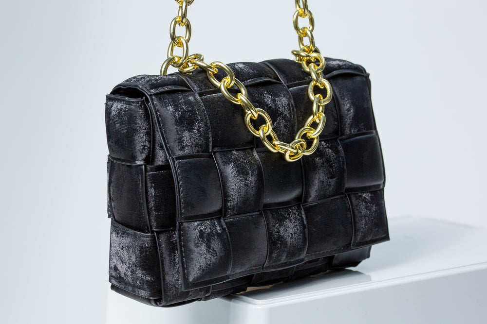 
            
                Load image into Gallery viewer, Aria Faux Suede Shoulder Bag With Gold Chain In Black
            
        