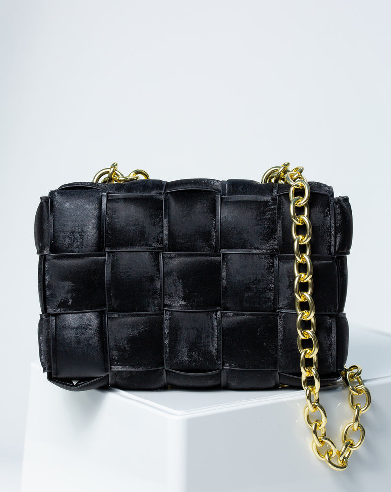 Aria Faux Suede Shoulder Bag With Gold Chain In Black