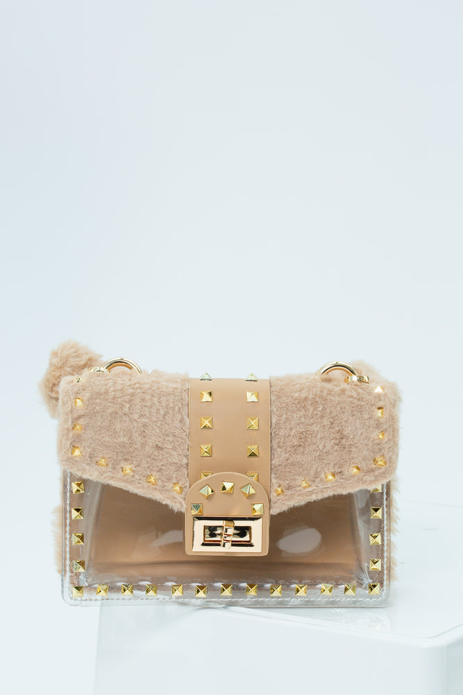 Harper Faux Fur Mini Handbag In Beige