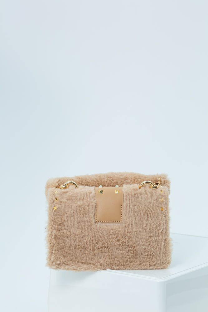 Harper Faux Fur Mini Handbag In Beige