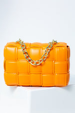 Layla Faux Leather Woven Shoulder Bag With Gold Chain In Orange