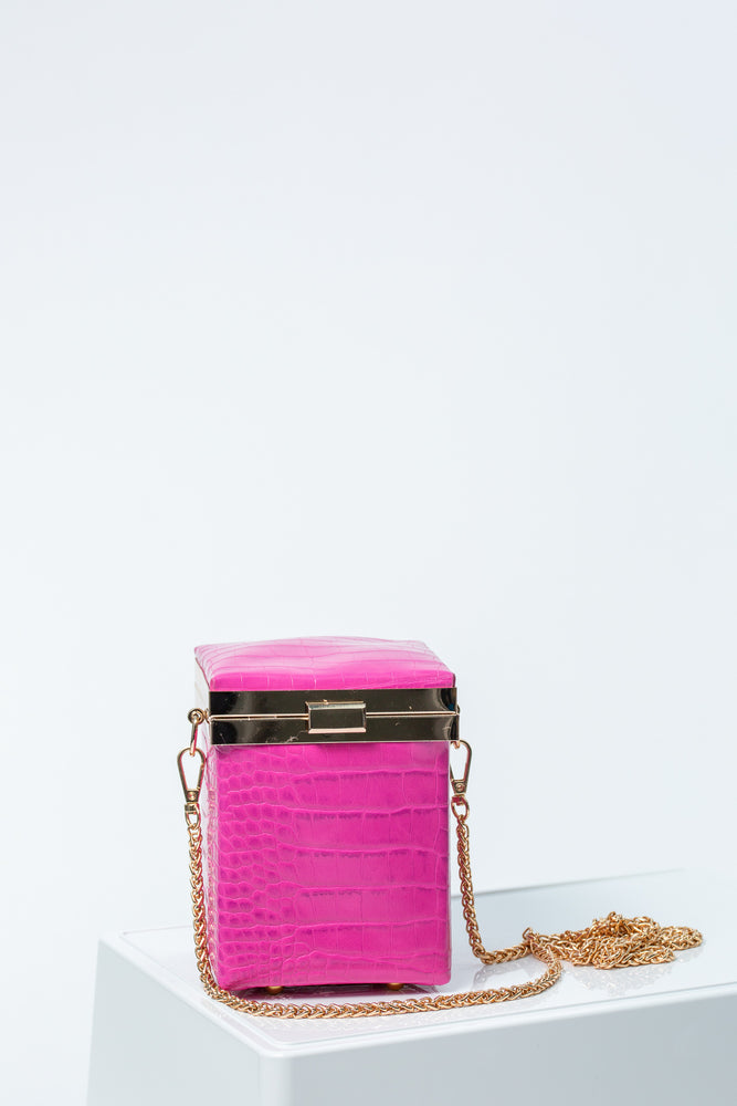 Pink Box Clutch Bag with Gold Chain Strap | Mini Colourful Handbags For Any Occasion