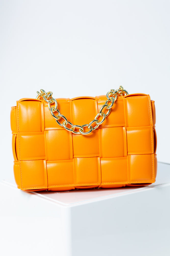 Layla Faux Leather Woven Shoulder Bag With Gold Chain In Orange